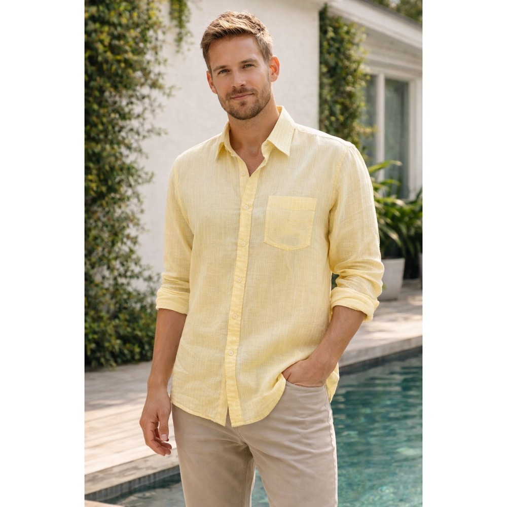 Nizhon Mens Yellow Stripe Linen‎ Blend Long Sleeve Button Down Shirt Size XL